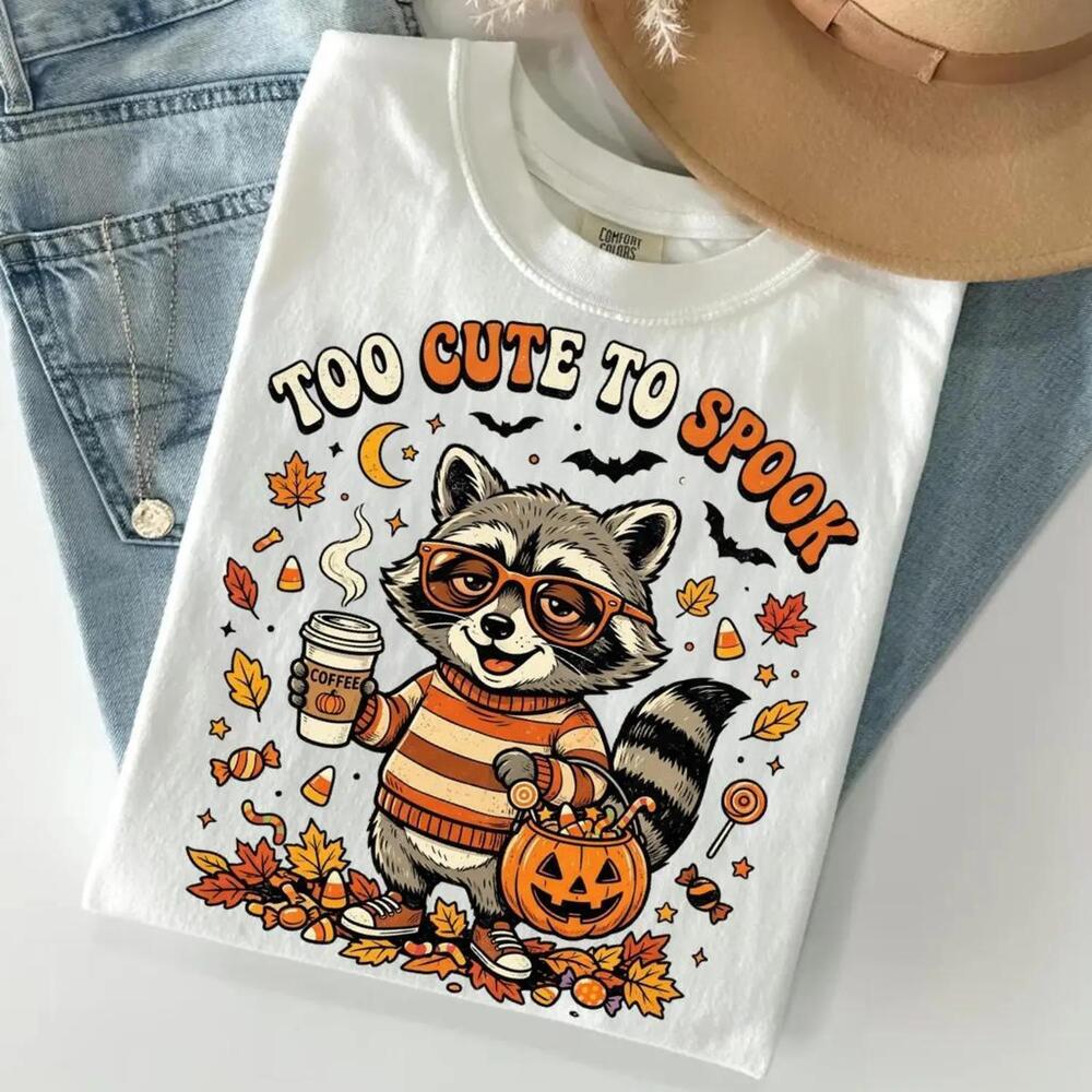 Raccoon Halloween T-Shirt, Autumn Leaves Coffee Graphic Tee